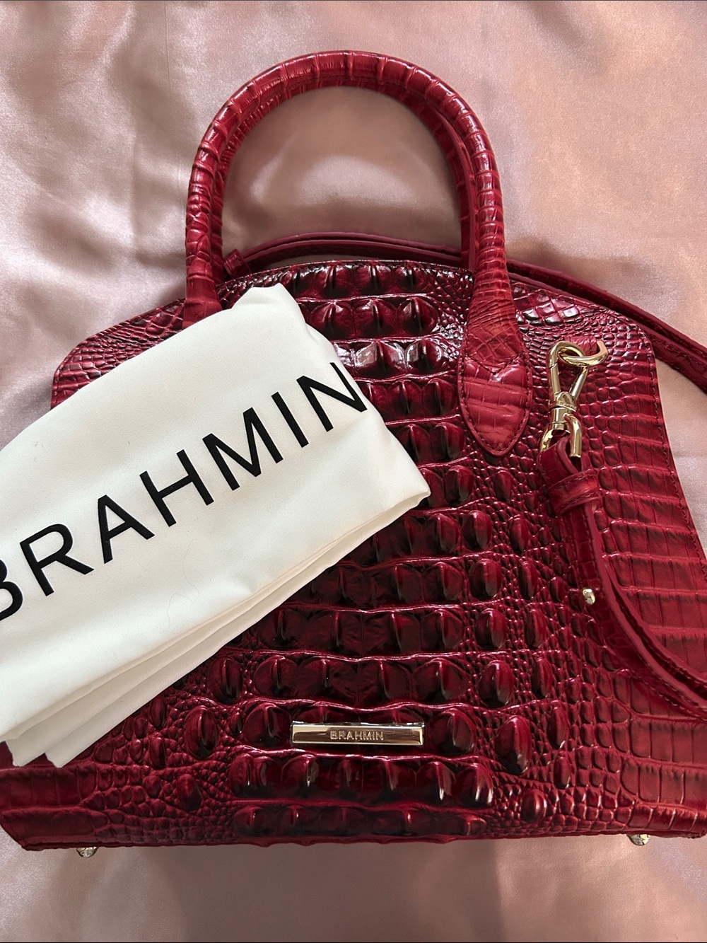 Brahmin Wine Red Croc-Embossed Leather Satchel with Gold Hardware